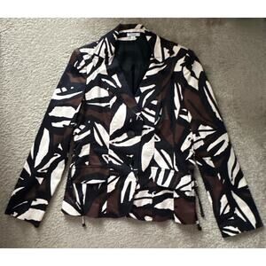 Vintage Cache Womens Single Breasted Lace Up Blazer Med Black Mod Print Cotton